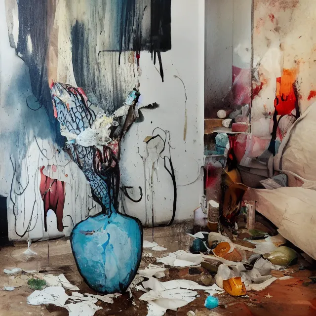 Prompt: a female artist's apartment, sensual portrait of a woman sleeping, cracked handmade pottery vase, torn paper smouldering smoke, candles, white flowers on the floor, puddle of water, octopus, squashed berries, neo - expressionism, surrealism, acrylic and spray paint and oilstick on canvas