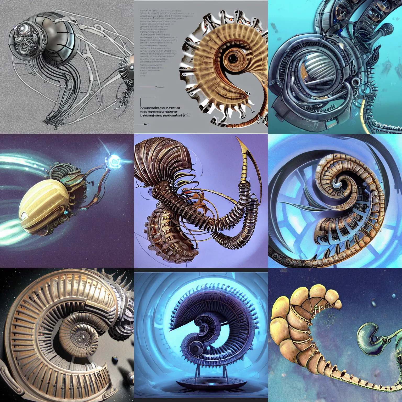 Prompt: a nautilus. alien biomechanical biopunk machine.