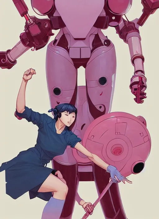 Image similar to Artwork by James Jean and Phil noto; a fierce young Japanese lady fighting a gigantic pink robot. art work by Phil noto and James Jean