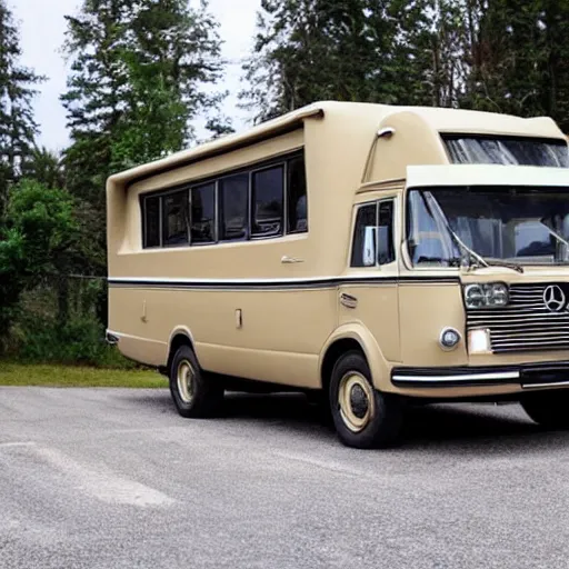 Prompt: a 1971 beige mercedes 508d truck that has been converted into an rv