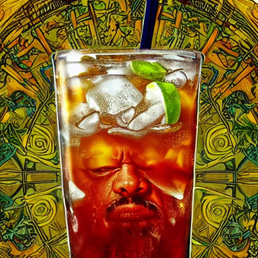 Prompt: ice - t, trapped in tall iced tea glass, by alfons mucha, golden hour, realistic, body shot, sharp focus, 8 k high definition, insanely detailed, intricate, elegant, lime, lemon,