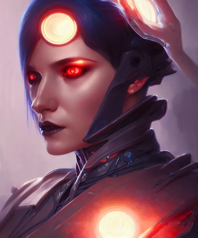 Prompt: futuristic vampires portrait, sci-fi, fire eyes, face, short blue hair, fantasy, intricate, elegant, highly detailed, digital painting, artstation, concept art, smooth, sharp focus, illustration, art by artgerm and greg rutkowski and alphonse mucha