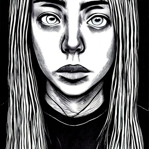 Prompt: Portrait of Billie Eilish by Junji Ito, highly detailed, sharp focus, illustration