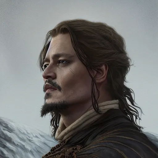 Image similar to johnny depp in game of thrones, highly detailed digital painting, artstation, concept art, smooth, sharp focus, illustration, art by artgerm and greg rutkowski and alphonse mucha