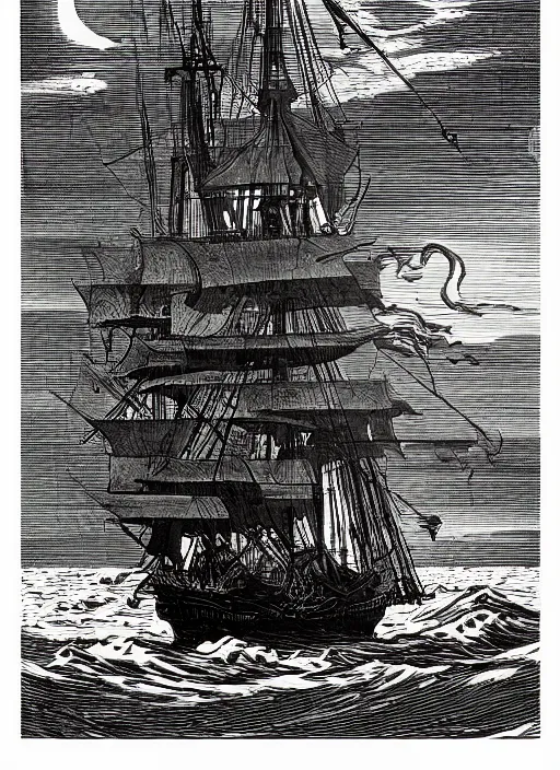 Prompt: galleon on the high seas big waves moonlight, art by james o barr and albrecht durer, woodblock print, engraved, black and white, vector, vector art