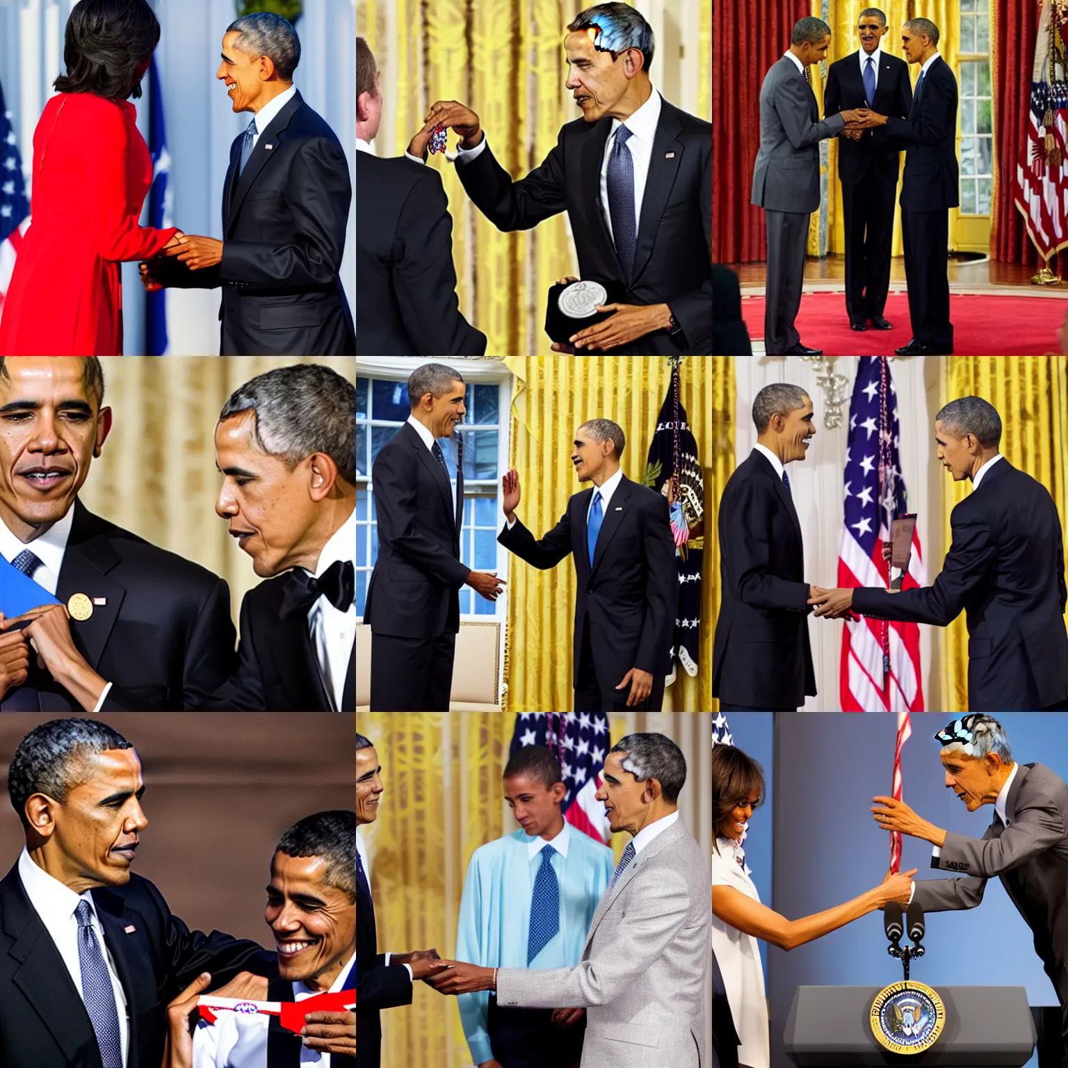 Prompt: photo of obama awarding obama a medal