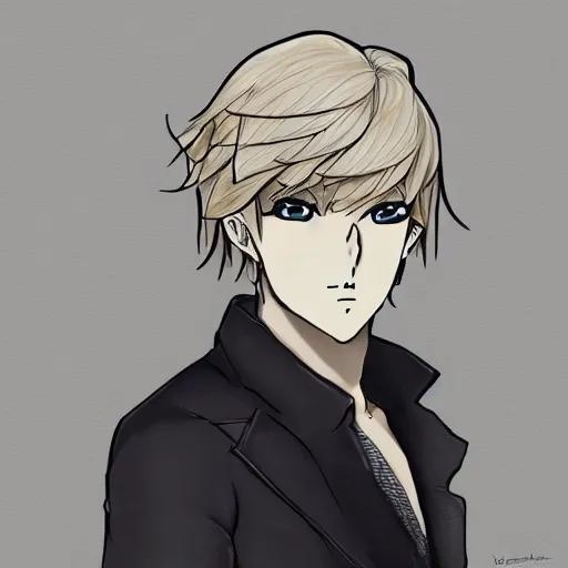 Image similar to concept art of a man with blond wavy hair, anime style