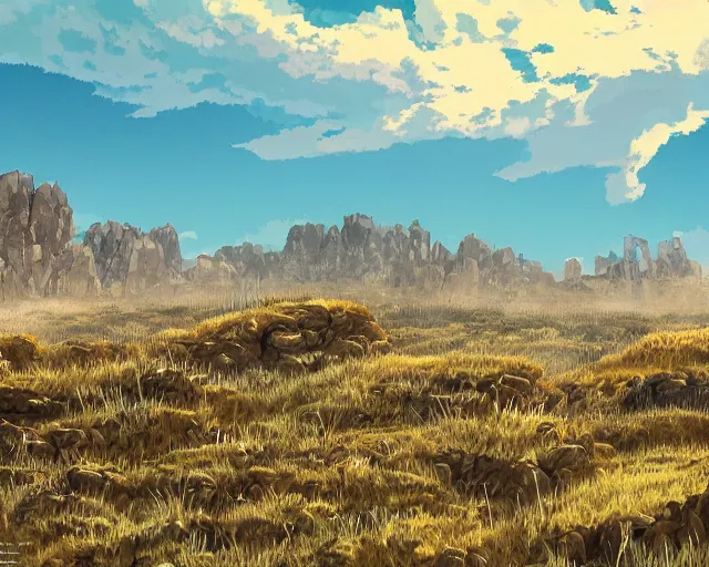 Prompt: landscape of flat wastelands, thin rocky spikes, studio ghibli style, hayao miyazaki, award winning photograph, highly detailed, artstation, hd wallpaper