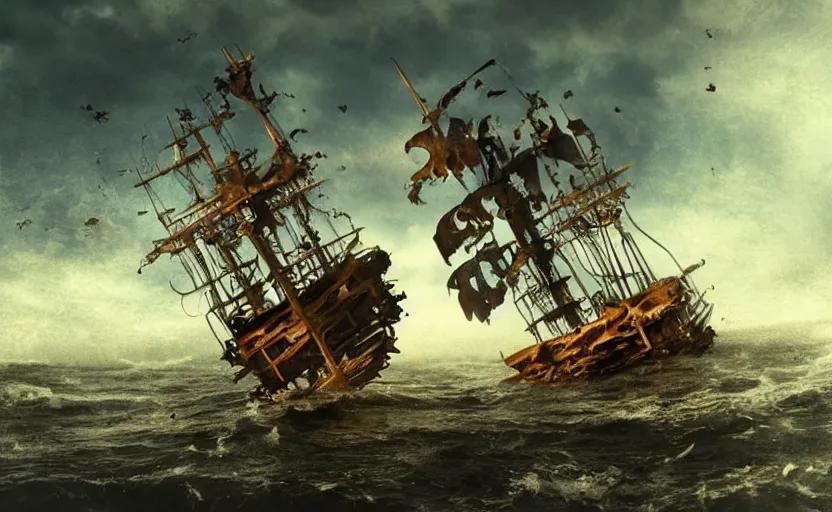 Image similar to “Pirate ship wreck falling from the sky, 4k, cinematic, award winning”