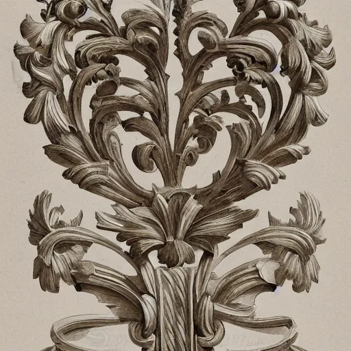 Prompt: a beautiful and masterful engraving decorative ornamental emblem, acanthus, floral, acroteria, arabesque, bead and reel, beams, bocage, cartouche, caulicoli, dentils, eagle, rendered in octane