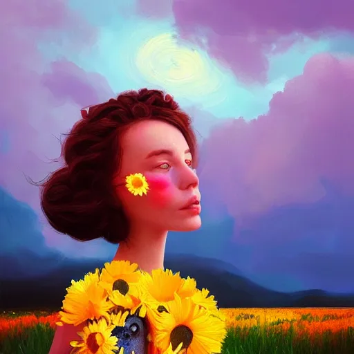 Prompt: girl with a giant daisy head, surreal photography, flower field, sunset dramatic light, impressionist painting, colorful clouds, blue sky, digital painting, artstation, simon stalenhag