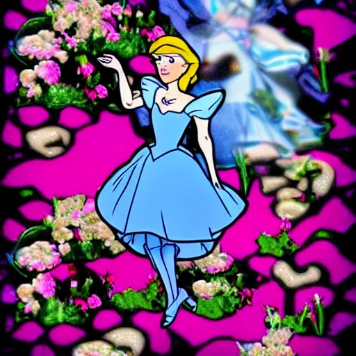 Prompt: Cinderella gardening flowers, in the style of Borderlands psycho video game, high contrast