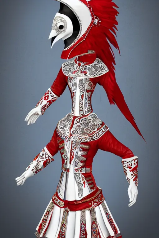 Image similar to female adventurer in tight full - body white embroidered leather armor of vyshyvanka design with red accents and a red porcelain crow mask, trending in artstation, ukrainian, establishing shot