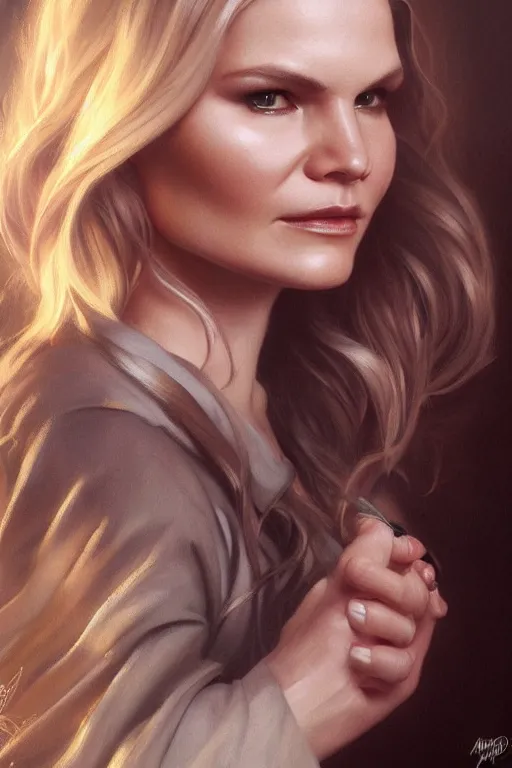 Image similar to painting of jennifer morrison,, ultra realistic, sharp details, subsurface scattering, intricate details, warm lighting, beautiful features, highly detailed, photorealistic, octane render, 8 k, unreal engine, art by artgerm and greg rutkowski and alphonse mucha