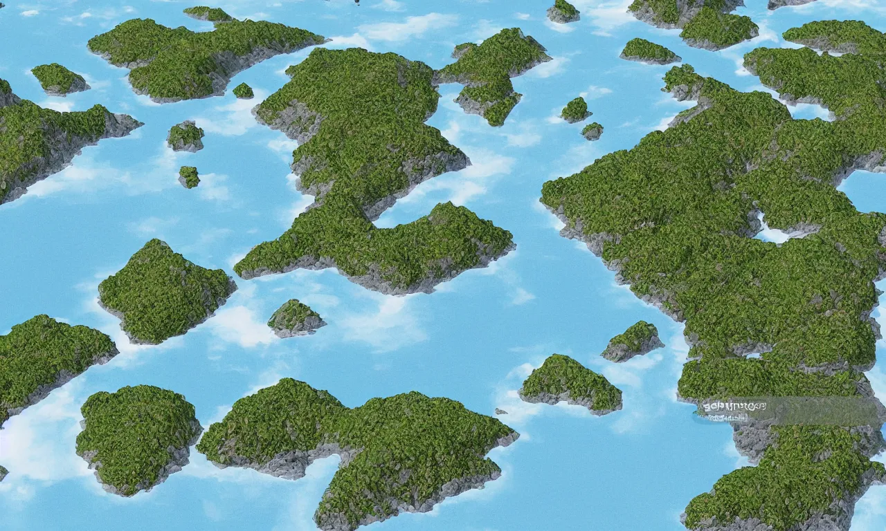 Prompt: sea-level view of archipelago of small islands interconnected by high speed rails, digital art, 3d, illustration