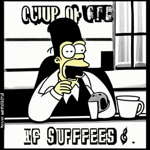 Image similar to cup of coffee with eyes nose and mouth smoking cigar simpsons style