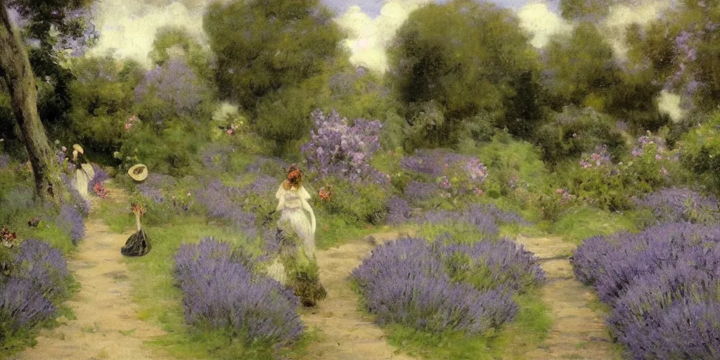 Image similar to enchanted garden, lavender and teal, pathway, flowers, high detail, matte painting, naturalism, by Émile Friant,