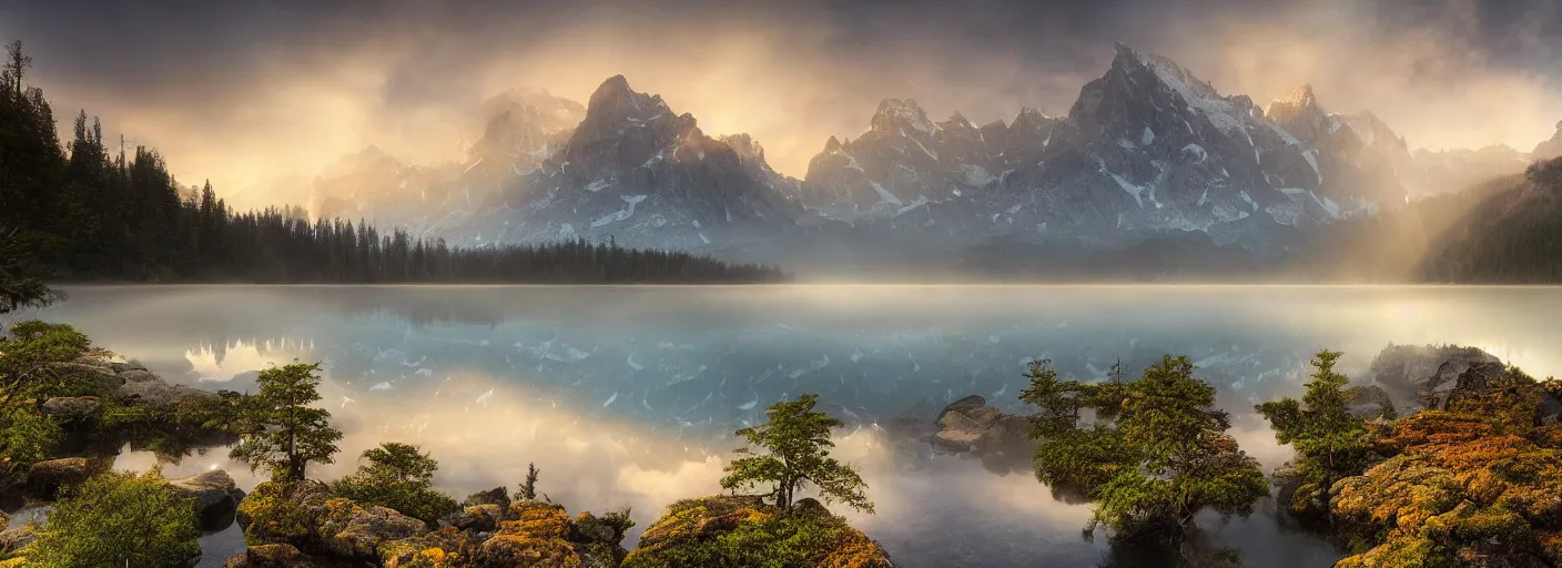 Prompt: photograph of mountains with a lake in front of them, trees on the side, rocks in foreground, mist with rays of light by marc adamus, highly detailed, intricate detail, cinematic lighting