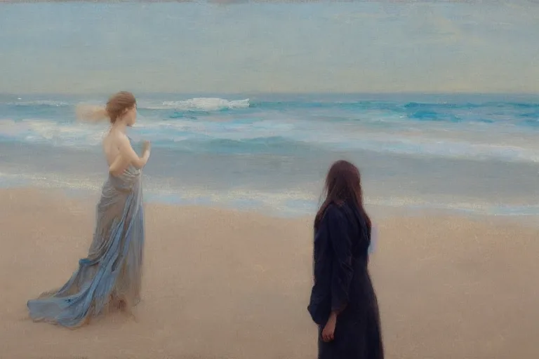 Prompt: female angel on the beach, trail of fire and smoke coming from her wings, very early morning, bluish colorscheme, jeremy lipking, timothy rees
