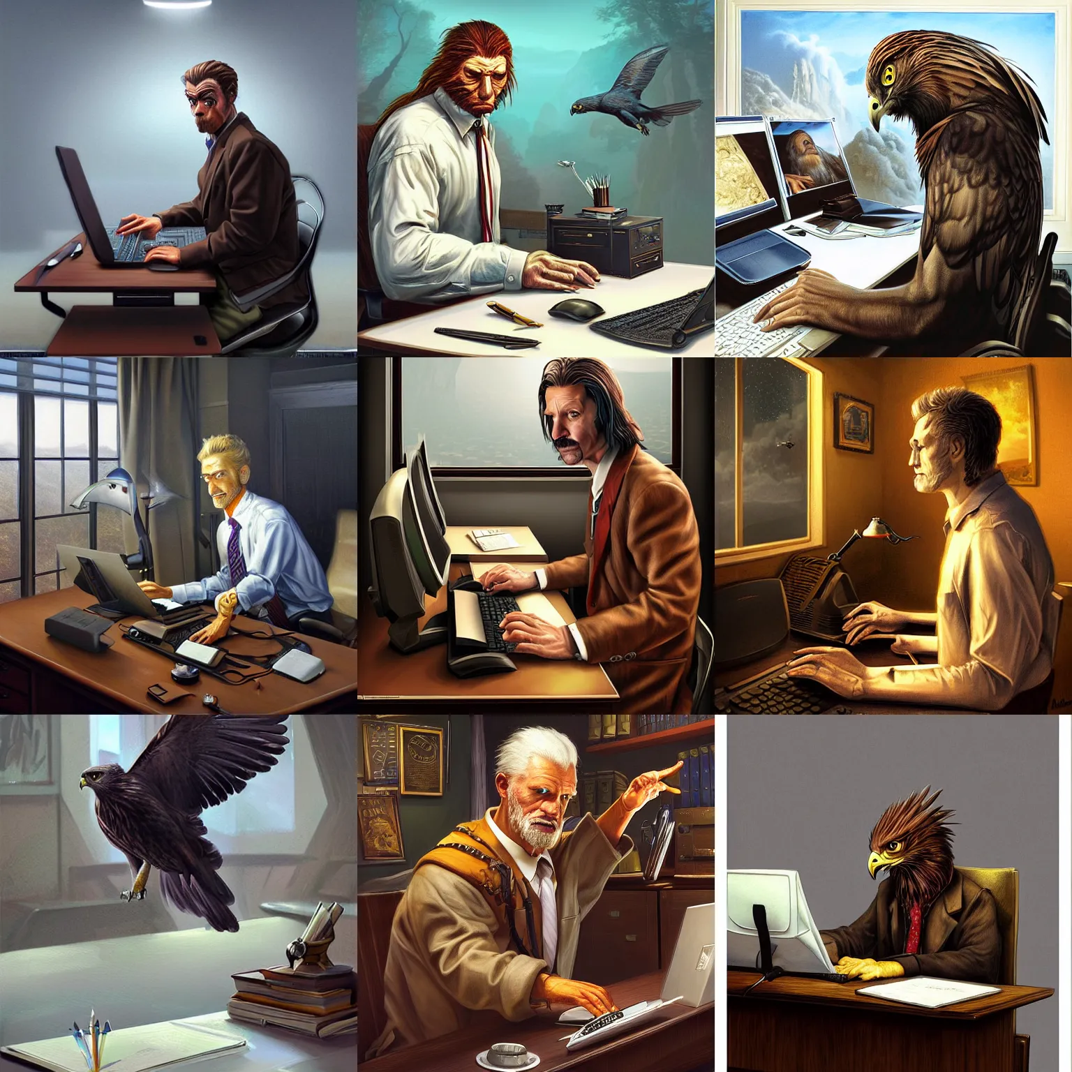 Prompt: a life-like photographic fantasy art raptorial composition of hawk office worker bird-man at computer desk facial portraiture, in stunning digital paint, trending fantasy art by Michael Whelan