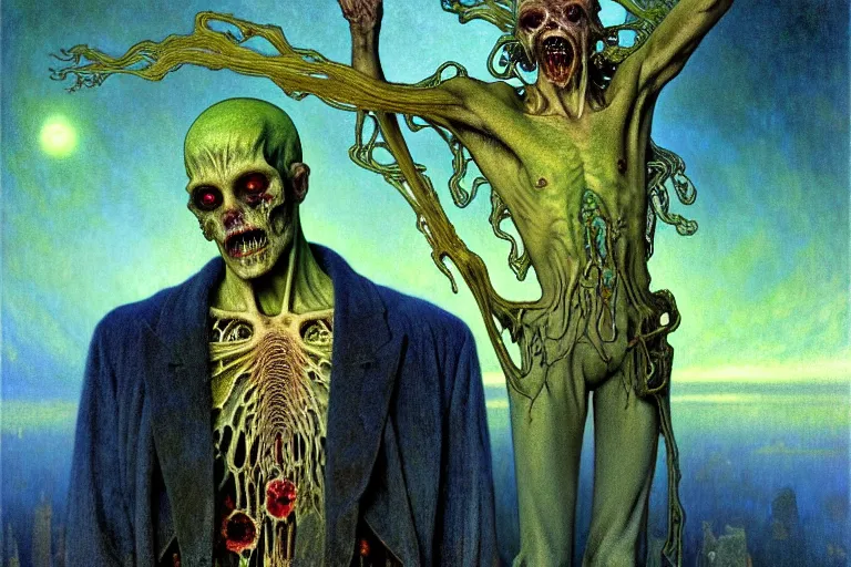 Image similar to realistic detailed portrait painting of a male zombie, nightly graveyard landscape background by Jean Delville, Amano, Yves Tanguy, Alphonse Mucha, Ernst Haeckel, Edward Robert Hughes, Roger Dean, masterpiece, cinematic composition, dramatic pose, 4k details, rich moody colours, blue eyes