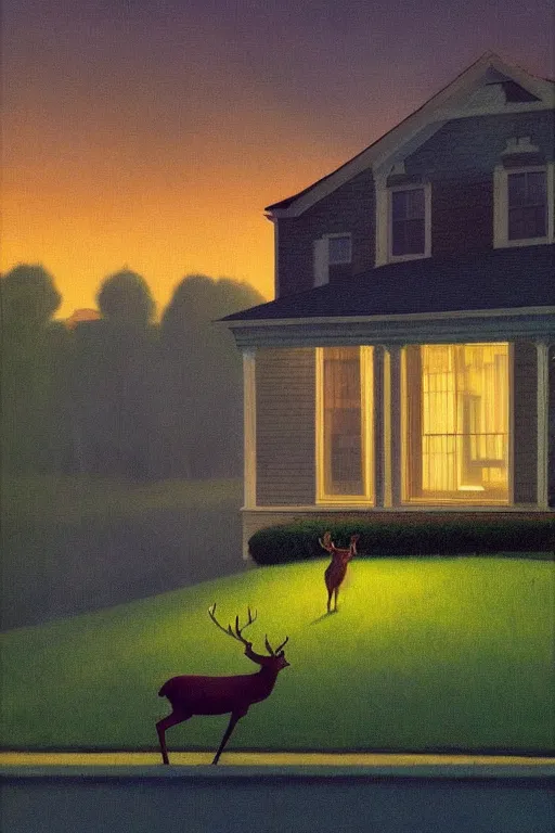 Prompt: deer on a suburban house's lawn in a suburban street at dawn, soft light, dreamy eerie, edward hopper, quint buchholz, thmoas kinkade, giorgio de chirico