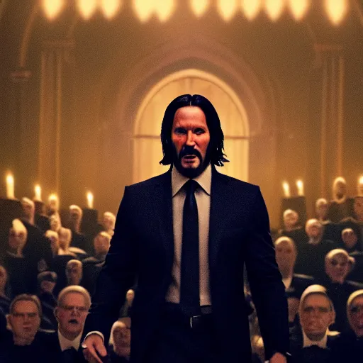 Prompt: cinematic still of John Wick singing on stage holding a Bible in John Wick (2009). loud singing. church choir behind. heavenly lighting. shallow depth of field, cinematic