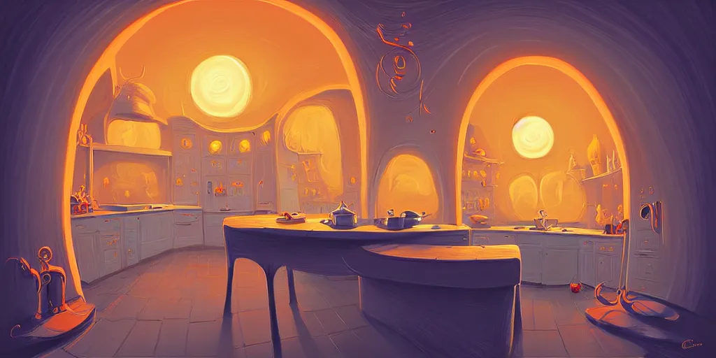 Image similar to twisted curved perspective digital art of a dim lit kitchen from Tim Burtons Nightmare Before Christmas by Christopher Balaskas