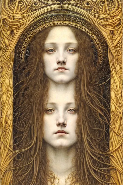 Image similar to detailed realistic beautiful young medieval queen face portrait by jean delville, gustave dore and marco mazzoni, art nouveau, symbolist, visionary, gothic, pre - raphaelite. horizontal symmetry