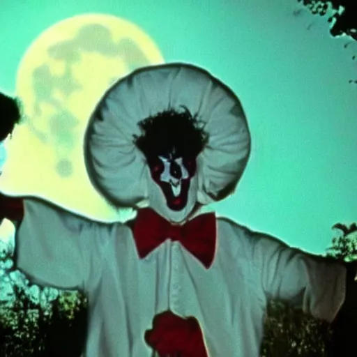 Image similar to a cinematic film still from a 1980s horror film about a Alice cooper clown, vintage, color film still, moon lighting