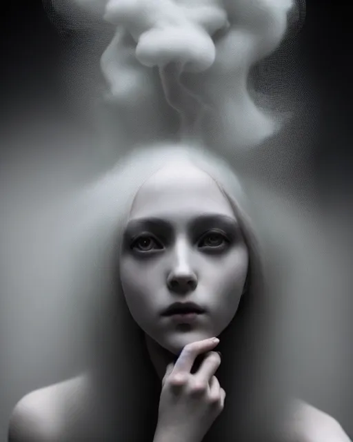Image similar to monochrome, dreamy, subsurface scattering, white, young beautiful goddess in cosmos with very long white hair floating in air, fluid smoke art, black and white, octane render, dino valls, mark ryden, joe fenton, michal karcz, highly detailed, rim light, art, cinematic lighting, very coherent, hyper realism, 8 k