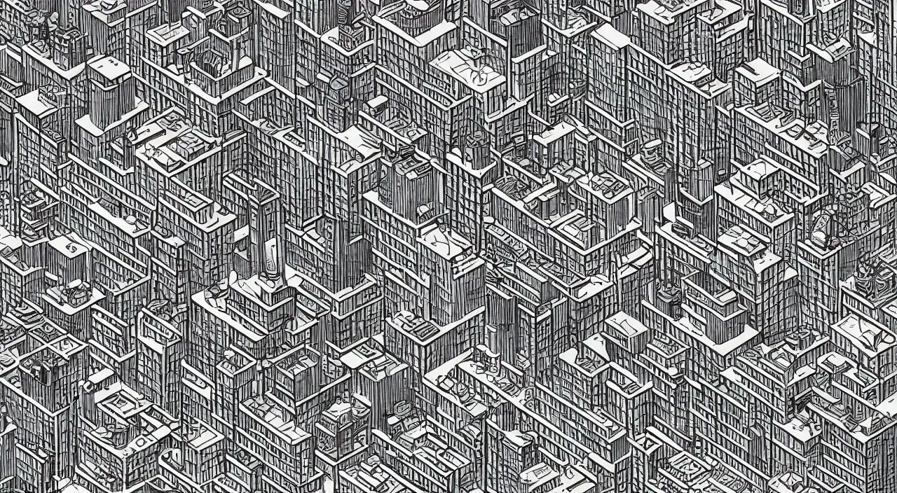 Image similar to isometric drawing of a fictional dense city, in style of pop art, rem koolhaas, peter eisenman