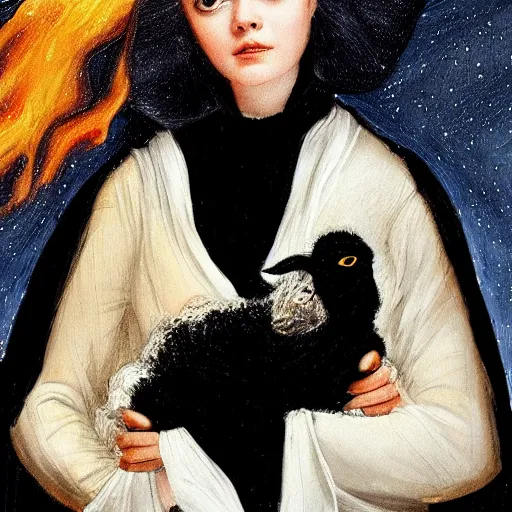 Image similar to professional painting of Elle Fanning wearing black cultist robes holding a white lamb surrounded by fire in the style of Thomas Lawrence, nighttime, stars, head and shoulders portrait, symmetrical facial features, smooth, sharp focus, illustration, intricate, stormy weather, extremely detailed masterpiece,