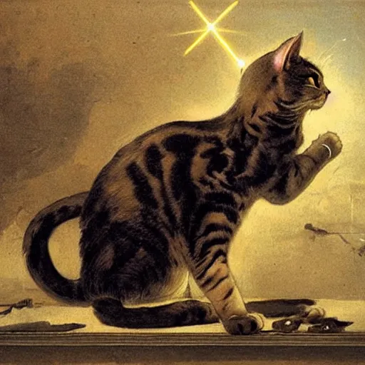 Image similar to a cat shooting laser beams from the eyes, painted by tiepolo