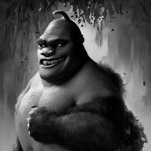 Prompt: noisy black and white shrek creepy face, highly detailed, digital painting, artstation, concept art, smooth, sharp focus, illustration, art by artgerm and greg rutkowski and alphonse mucha