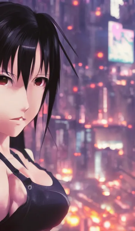 Image similar to anime fine details portrait of Tifa Lockhart in front of cyberpunk moder city landscape on the background deep bokeh, close-up view, anime masterpiece by Studio Ghibli. 8k, sharp high quality anime, artstation