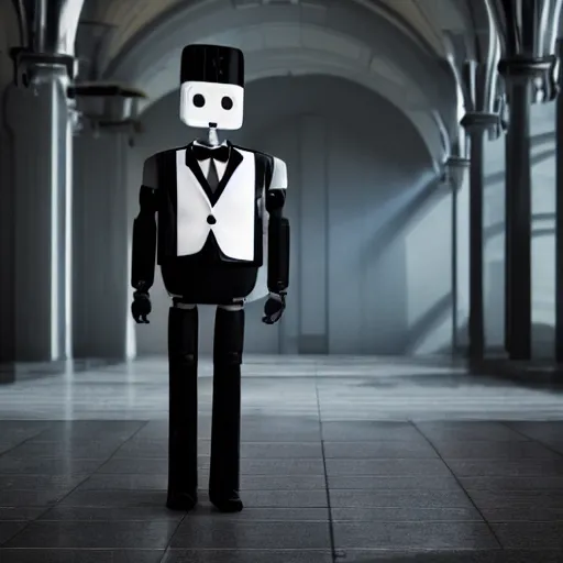 Image similar to “ full body portrait of a robot wearing a tuxedo, depth of field, zeiss lens, detailed, symmetrical, centered, fashion photoshoot, by annie leibovitz and steve mccurry, david lazar, jimmy nelsson, breathtaking, 8 k resolution, extremely detailed, beautiful, establishing shot, artistic, hyperrealistic, beautiful face, octane render ”