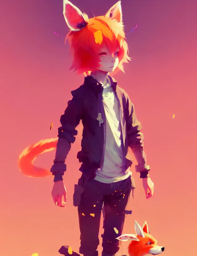 Image similar to a beautiful fullbody portrait of a cute anime boy with orange hair and pink fox ears. character design by cory loftis, fenghua zhong, ryohei hase, ismail inceoglu and ruan jia. artstation, volumetric light, detailed, photorealistic, fantasy, rendered in octane