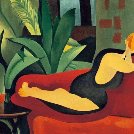 Image similar to A cozy, warm living room, bathed in golden light, with many tropical plants and succulents, a figure is resting on an old couch, by André Derain