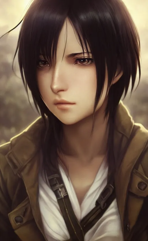 Image similar to mikasa ackerman, hero pose, medium shot, bokeh, beautiful face!!!!, 2 7 years old, cg animation, lifelike, animated, realistic, character select portrait, by artgerm, greg rutkowski, alphonse mucha, 3 d