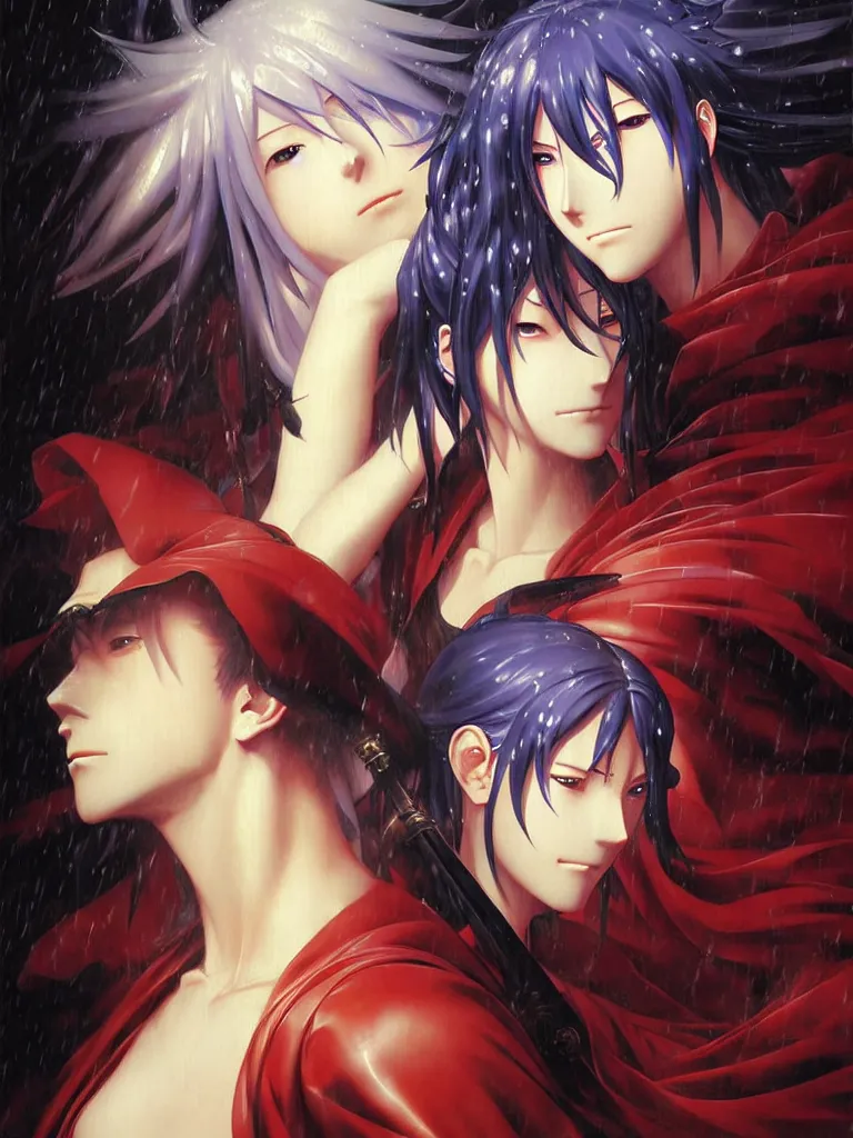 Image similar to baroque oil painting of key visual kunoichi, rain, painting by makoto shinkai takashi takeuchi yoshiyuki sadamoto, fate stay night, wlop and artgerm