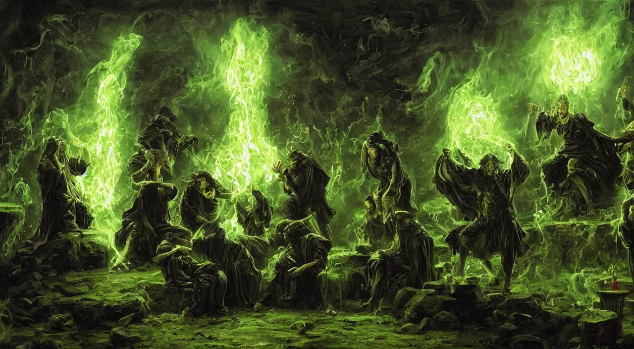 Image similar to A highly detailed oil painting by Greg Rutkowski of a group of sorcerers wearing black robes making a potion in a huge bubbling cauldron glowing bright green, with lots of fire coming from it, highly detailed fantasy concept artwork, very realistic, green and black color scheme, graffiti.