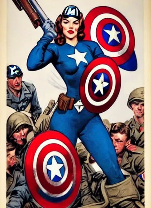 Prompt: beautiful female captain america standing on a pile of defeated, beaten and broken nazi soldiers. feminist captain america wins wwii. american wwii propaganda poster by james gurney. gorgeous face. overwatch