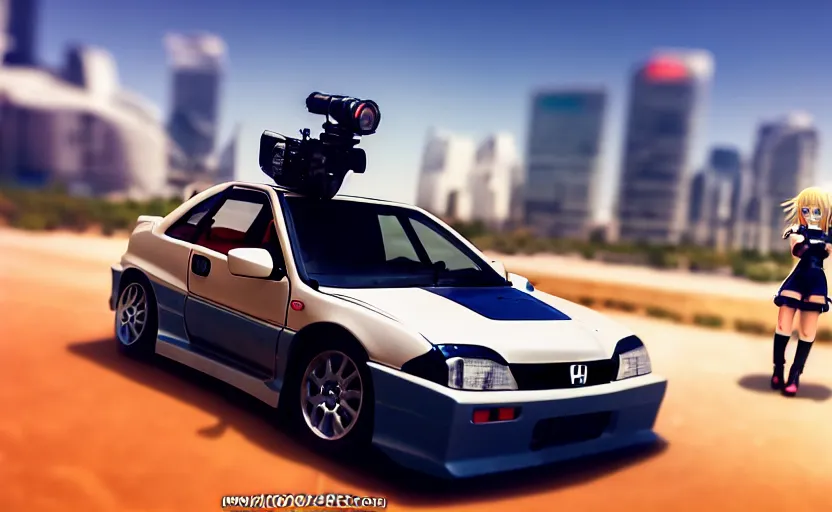 Image similar to photograph of a cell-shaded Honda EK9 Type-R with an anime girl, speeding on a desert road with a futuristic city in the horizon, kicking up dirt, action shot, one point perspective, 1-point perspective, tilt shift, sigma 85mm f/1.4, 4k, depth of field, high resolution, 4k, 8k, hd, full color