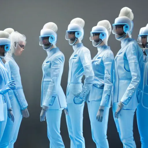 Prompt: troop of identical athletic humans with white hair wearing tight light blue latex suits, in formation, futuristic chemistry lab, sci - fi, highly detailed, hyperrealistic