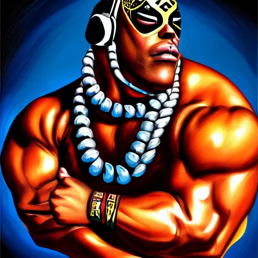 Image similar to portrait of lucha libre dj, muscular, headphones, thick golden ring around the neck, fantasy, intricate, elegant, highly detailed, digital painting, artstation, concept art, smooth, sharp focus, illustration, art by tom of finland