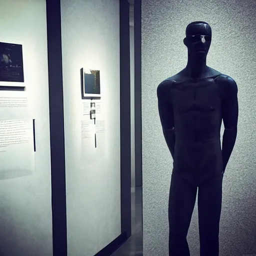 Image similar to “ a realistic detailed photo of a guy who is an attractive humanoid who is half robot and half humanoid, who is a male android, actor liam hemsworth, shiny skin, posing like a statue, blank stare, at the museum, on display ”