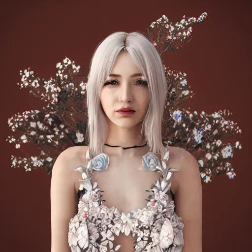 Image similar to beautiful blonde lady in a 3D flower dress , hyperrealistic, ultra detailed, octane render, symmetric, 3d, majestic, dark fantasy, intricate