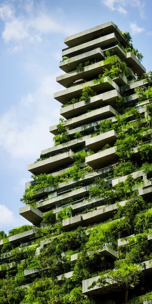 Prompt: brutalist la corbusier skyscraper made of wood and glass, lush green terraces and green living walls with cascading waterfalls, streetlevel perspective looking up, 8 k, ultra high detail