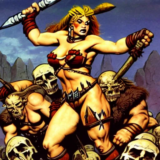 Prompt: female barbarian on a pile of skulls, surrounded by slain orcs, in style of frank frazetta
